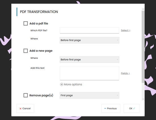 Transform pdf by adding or removing page